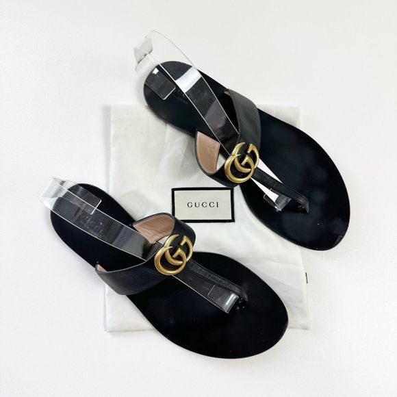 Gucci Shoes - GUCCI Marmont Black Sandal Size 41 Double GG Leather Flat Slide Flip Flop